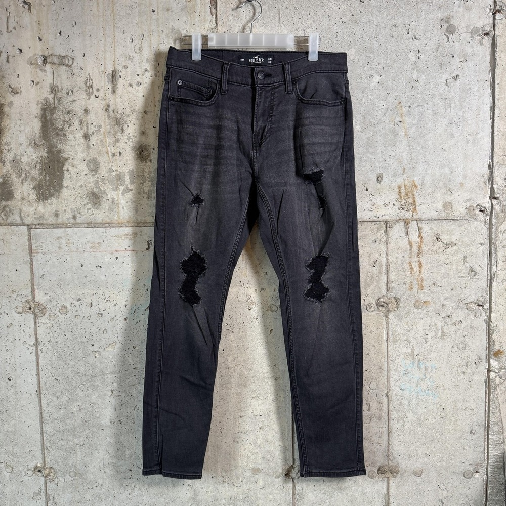 Hollister Jeans Mens 30x30 Gray Charcoal Wash Slim‎ Taper Distressed Stretch